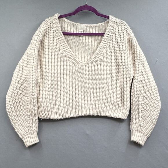 H&M Sweater M White Chunky Crop Cable Knit  V-Neck College Cozy Cabin Y2K Street - Picture 1 of 13